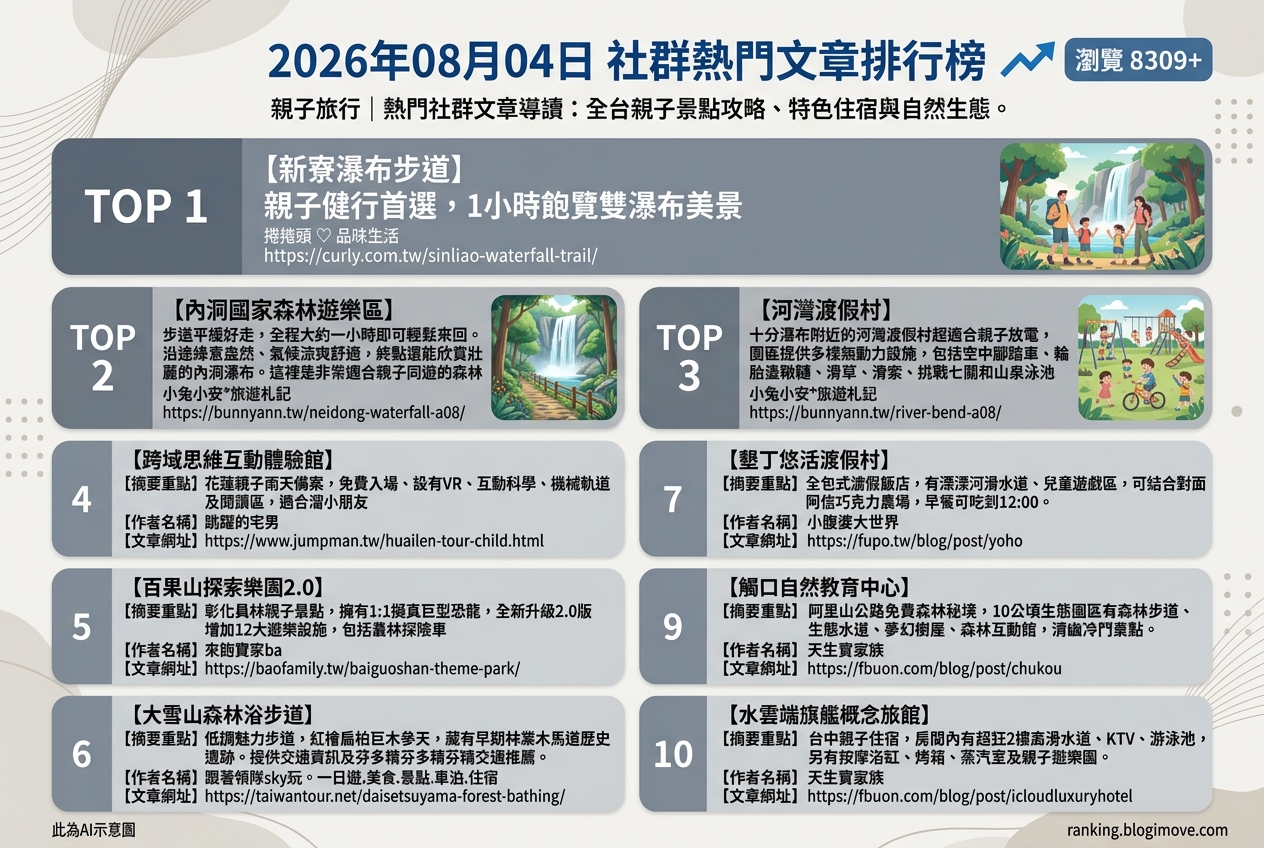 2026年08月04日| 親子旅行 | 熱門社群文章導讀：全台親子景點攻略、特色住宿與自然生態。 @Blogimove Ranking