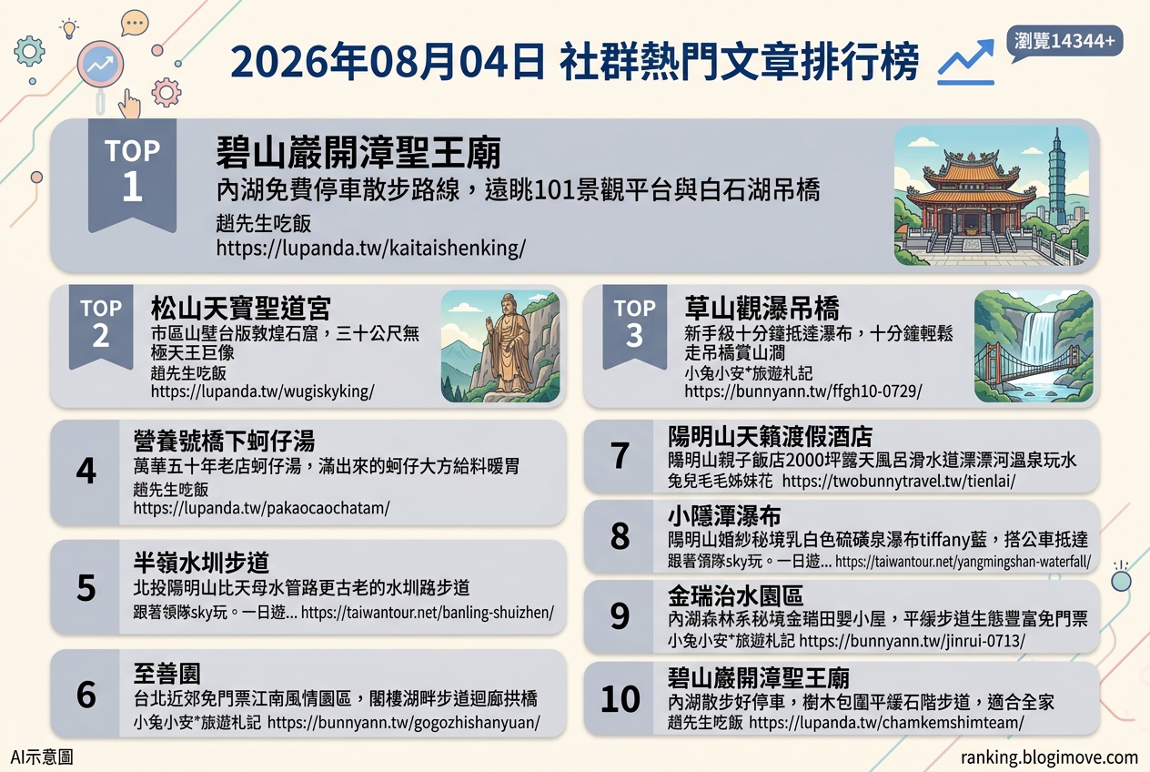 2026年08月04日 | 國內旅遊 | 熱門社群文章導讀：台北山林步道、親子玩水與百年美食 @Blogimove Ranking