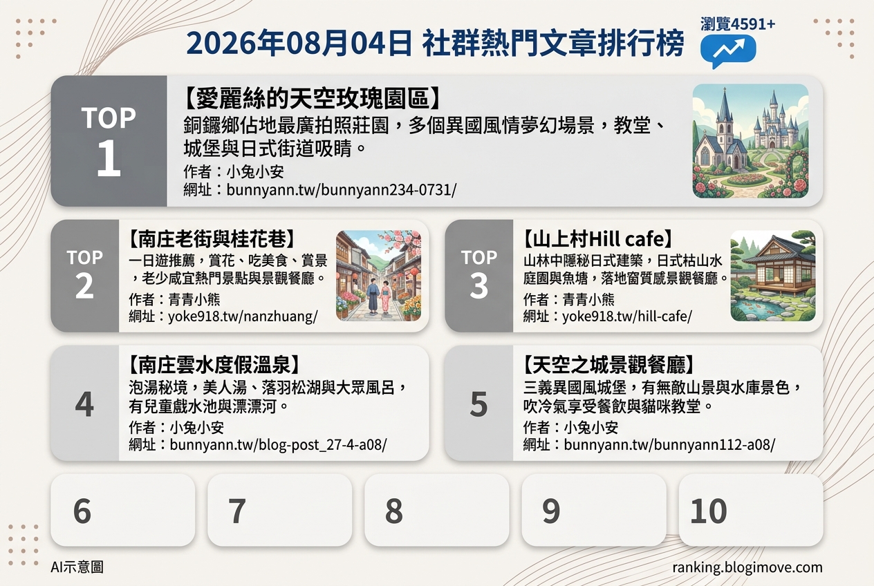 2026年08月04日| 國內旅遊 | 熱門社群文章導讀：苗栗異國風情莊園、日式秘境與溫泉戲水樂 @Blogimove Ranking
