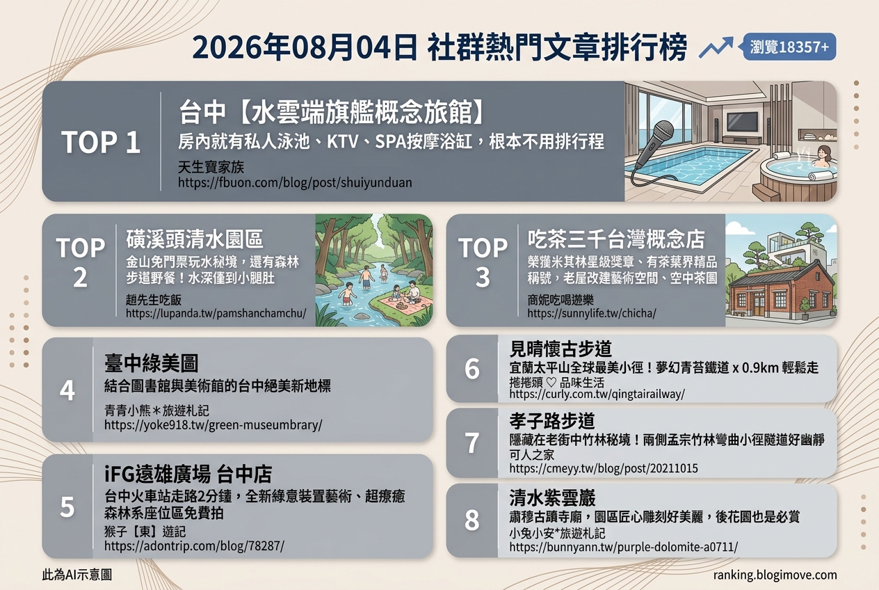 2026年08月04日| 國內旅遊 | 熱門社群文章導讀：台中親子住宿、溪邊秘境與文創景點 @Blogimove Ranking