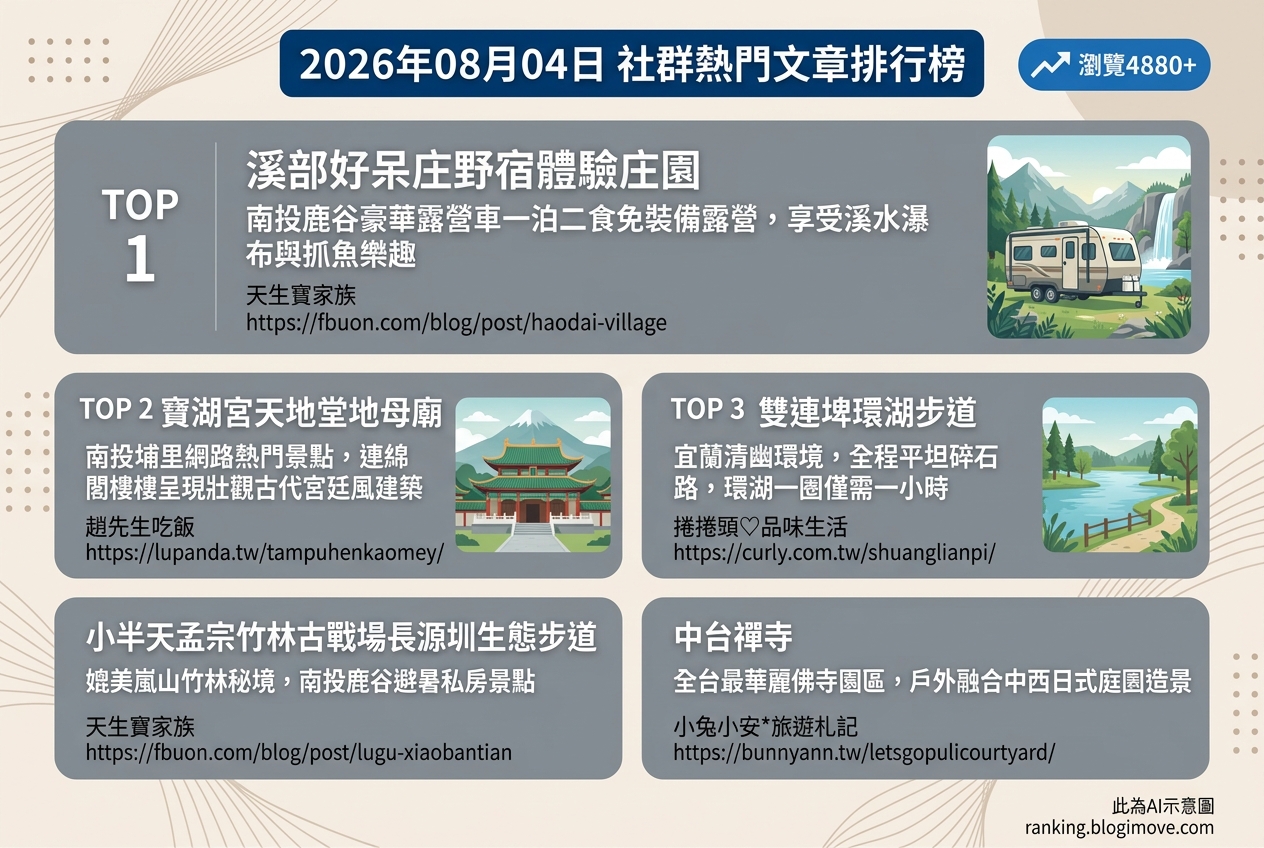 2026年08月04日| 國內旅遊 | 熱門社群文章導讀：南投免裝備露營、埔里宮廟建築與宜蘭湖畔步道。 @Blogimove Ranking
