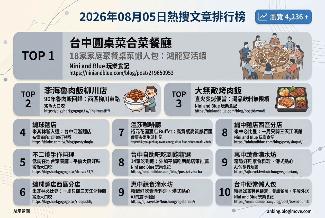 2026年08月05日 | 台中美食 | 熱搜文章導讀：台中合菜、烤肉飯與米其林推薦麵店成熱點 @Blogimove Ranking