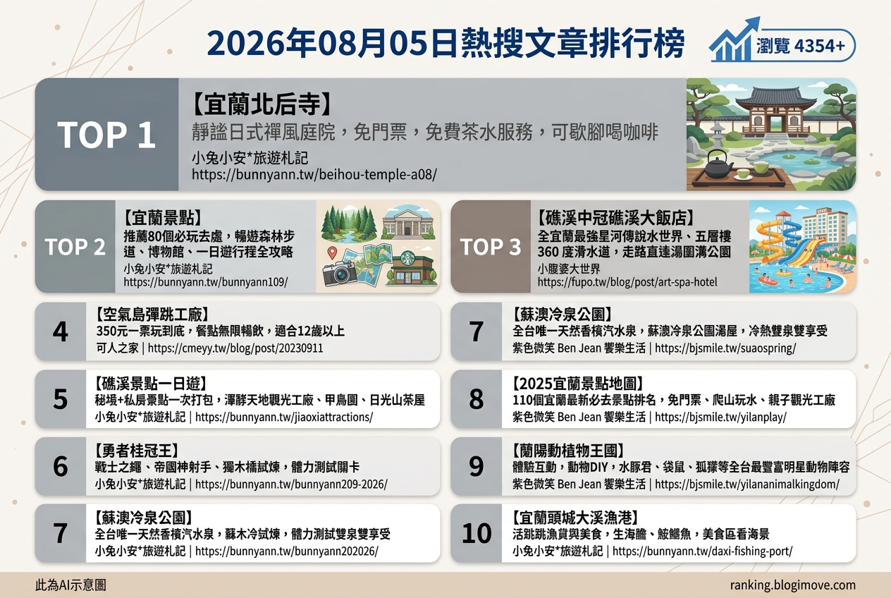 2026年08月05日 | 國內旅遊 | 熱搜文章導讀：宜蘭景點、親子住宿與玩水樂園成焦點 @Blogimove Ranking