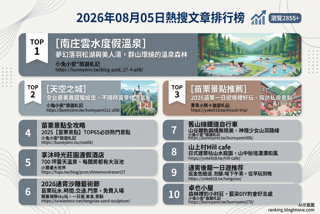 2026年08月05日 | 苗栗景點 | 熱搜文章導讀：南庄泡湯秘境、最美城堡與沙雕藝術節引領夏日旅遊風潮 @Blogimove Ranking