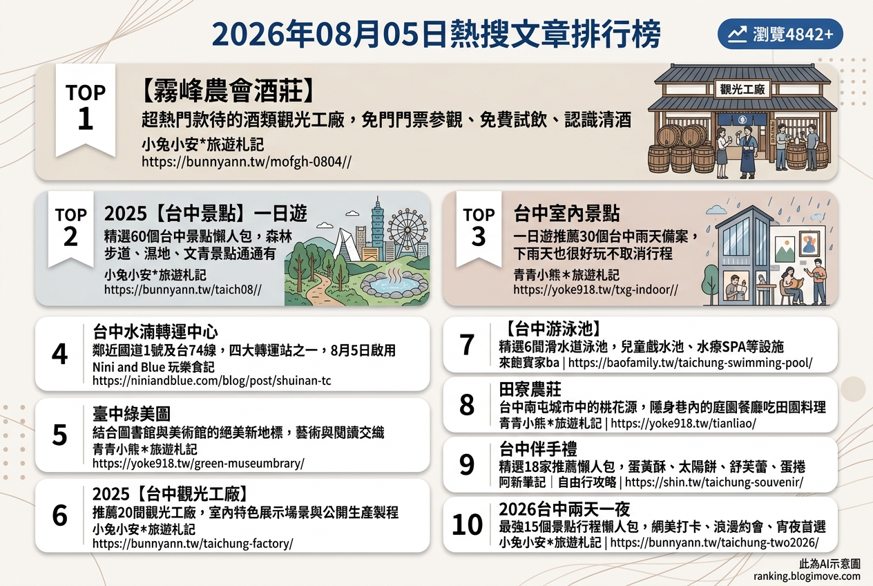 2026年08月05日 | 國內旅遊 | 熱搜文章導讀：台中親子景點、玩水樂園與伴手禮推薦 @Blogimove Ranking
