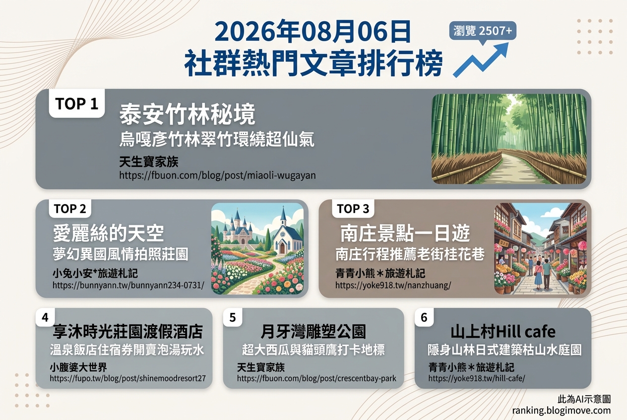2026年08月06日 | 苗栗景點 | 熱門社群文章導讀：苗栗秘境、花園景點與溫泉住宿熱議 @Blogimove Ranking