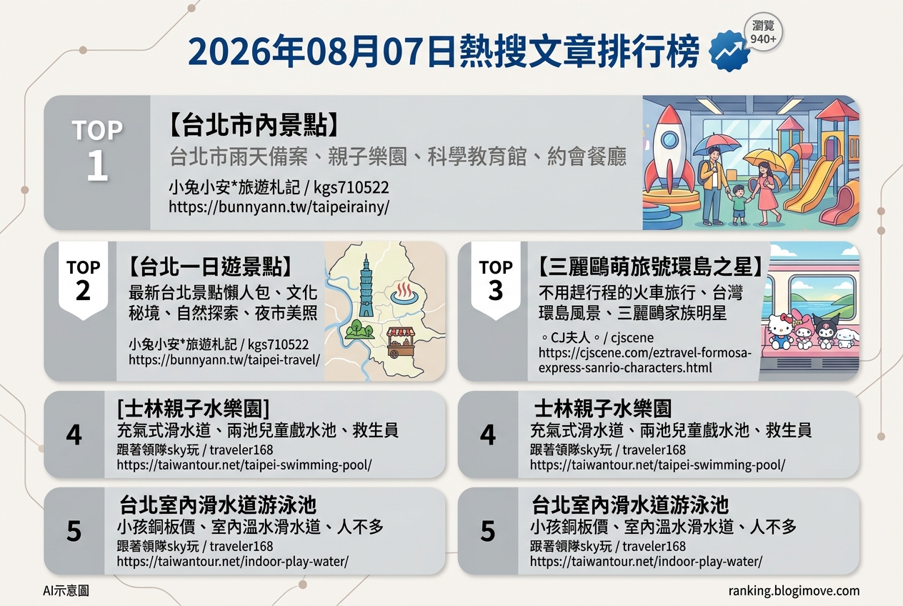 2026年08月07日 | 國內旅遊 | 熱搜文章導讀：台北雨天景點、親子玩水與環島列車體驗。 @Blogimove Ranking