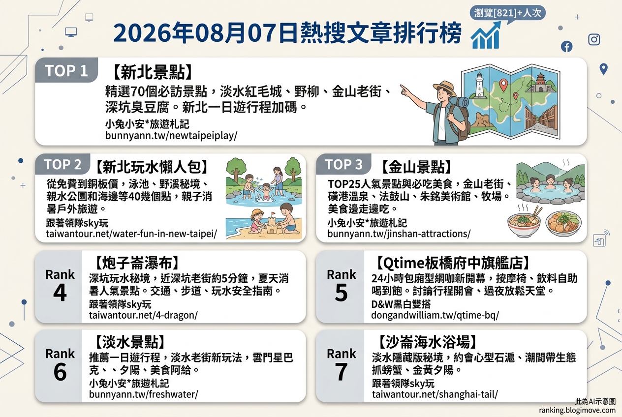 2026年08月07日 | 國內旅遊 | 熱搜文章導讀：新北消暑玩水、秘境瀑布與在地老街美食 @Blogimove Ranking