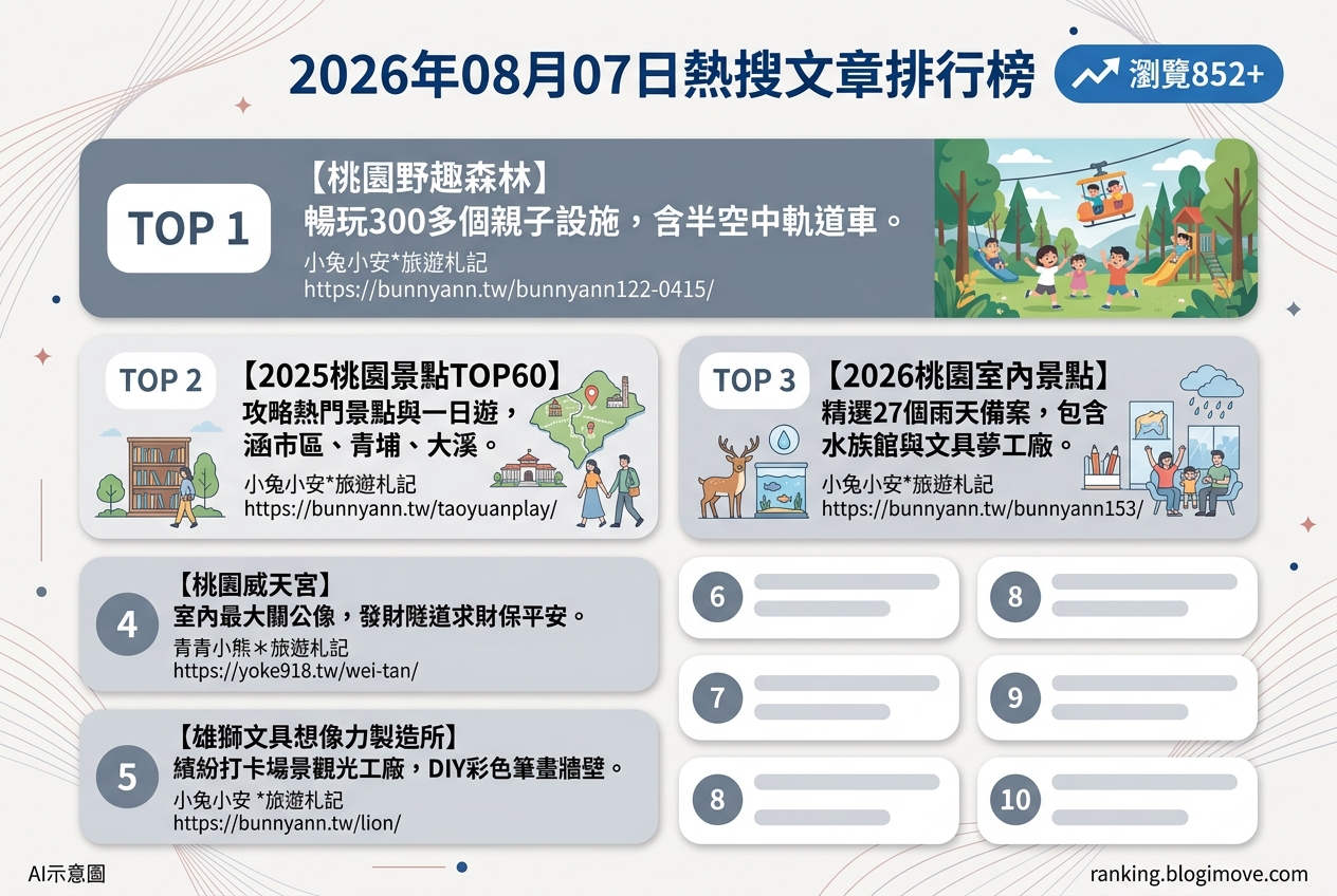 2026年08月07日 | 國內旅遊 | 熱搜文章導讀：桃園親子樂園、室內景點與一日遊攻略 @Blogimove Ranking