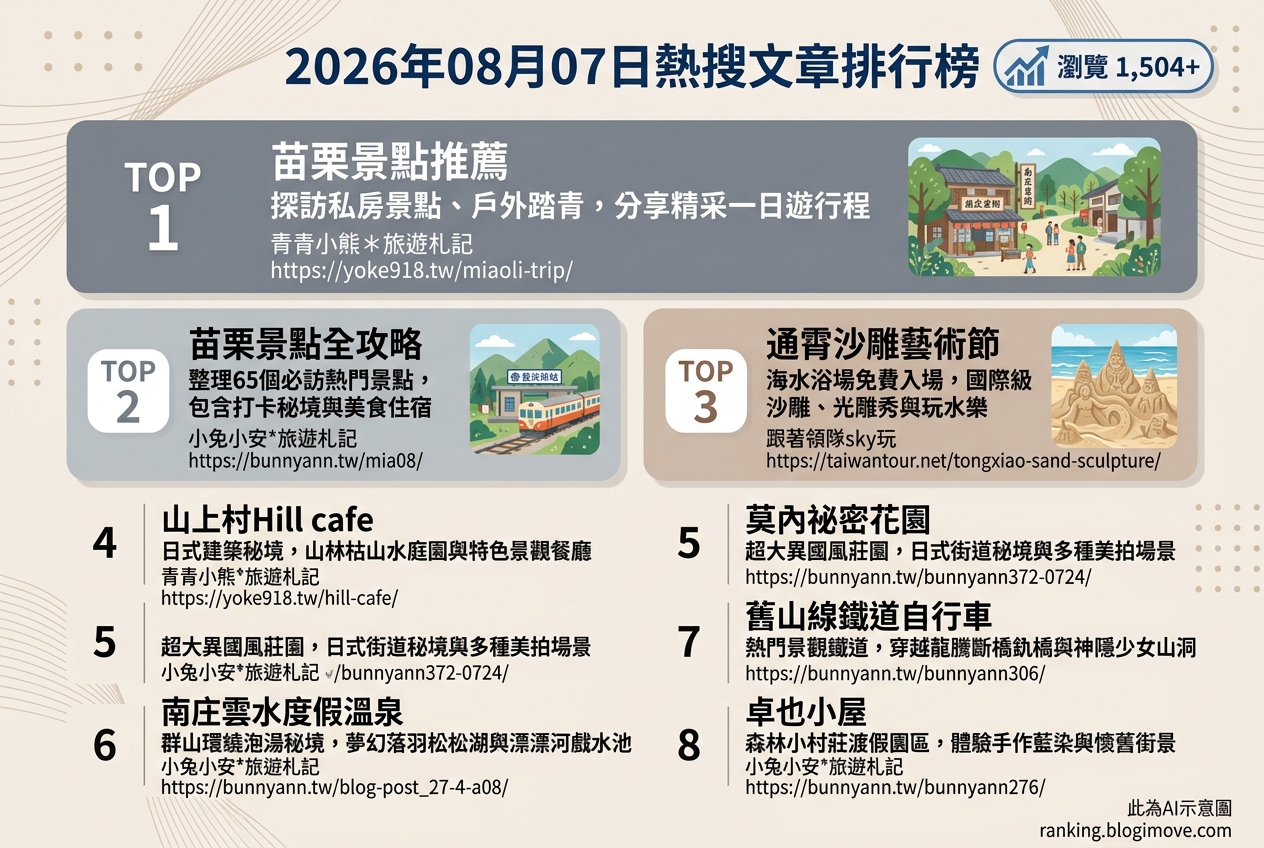 2026年08月07日 | 國內旅遊 | 熱門搜尋文章導讀：苗栗景點、沙雕藝術節與山林秘境。 @Blogimove Ranking
