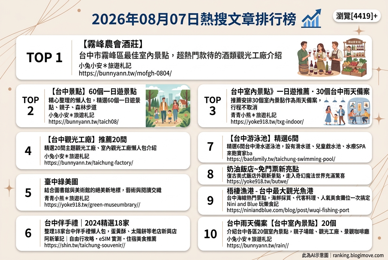 2026年08月07日 | 台中旅遊 | 熱搜文章導讀：在地私房酒莊、60個一日遊景點與雨天室內景點推薦 @Blogimove Ranking