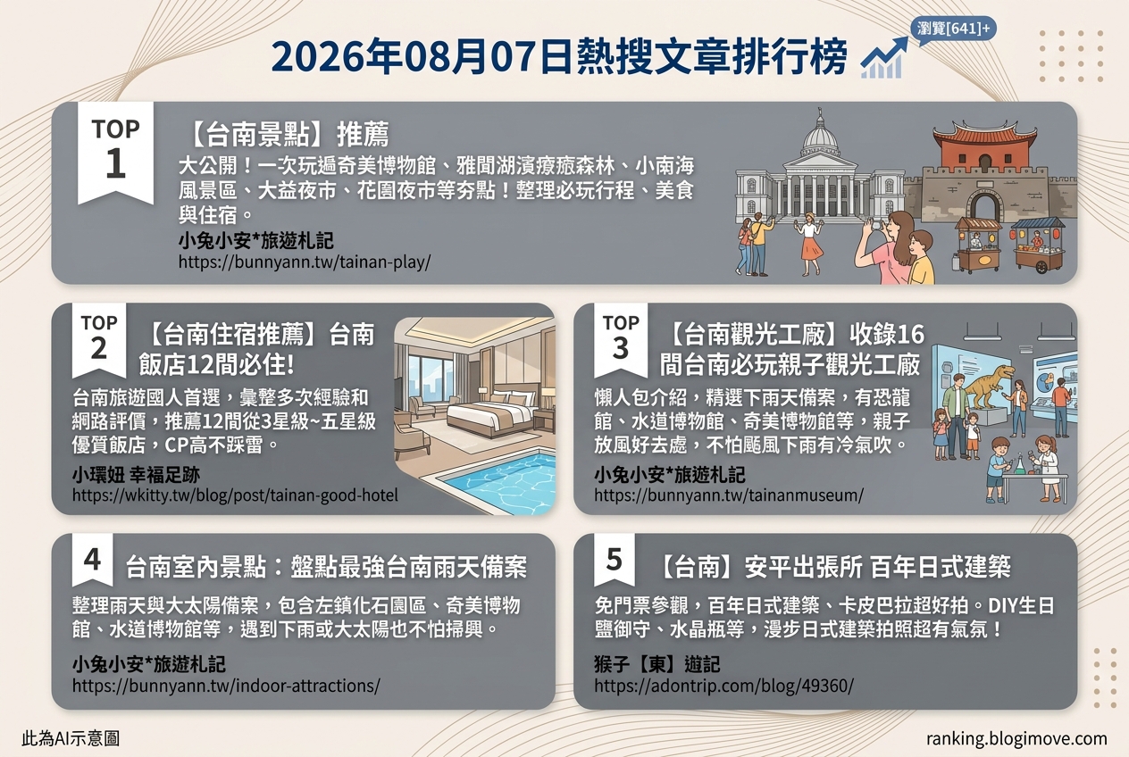 2026年08月07日| 國內旅遊 | 熱搜文章導讀：台南景點、住宿與親子景點全攻略 @Blogimove Ranking