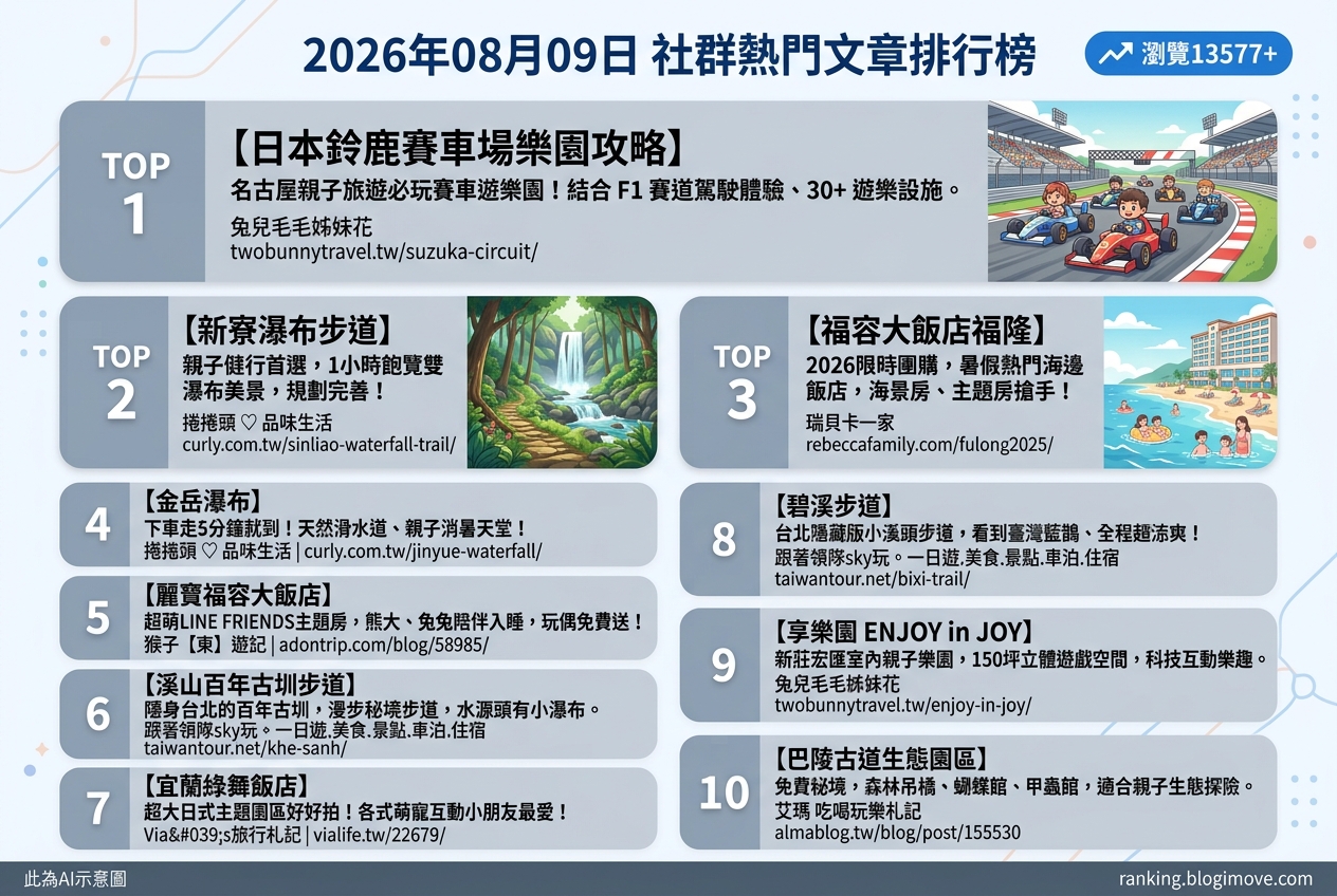 2026年08月09日 | 親子旅行 | 熱門社群文章導讀：日本賽車樂園、宜蘭消暑秘境與LINE FRIENDS主題房 @Blogimove Ranking