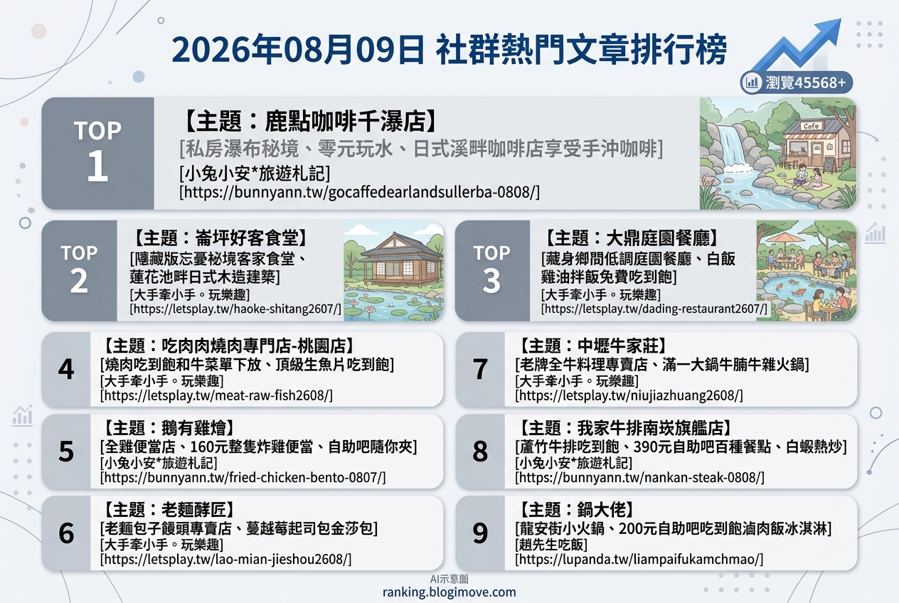 2026年08月09日| 桃園美食 | 熱門社群文章導讀：私房瀑布秘境、全雞便當與燒肉和牛吃到飽引領美食話題 @Blogimove Ranking