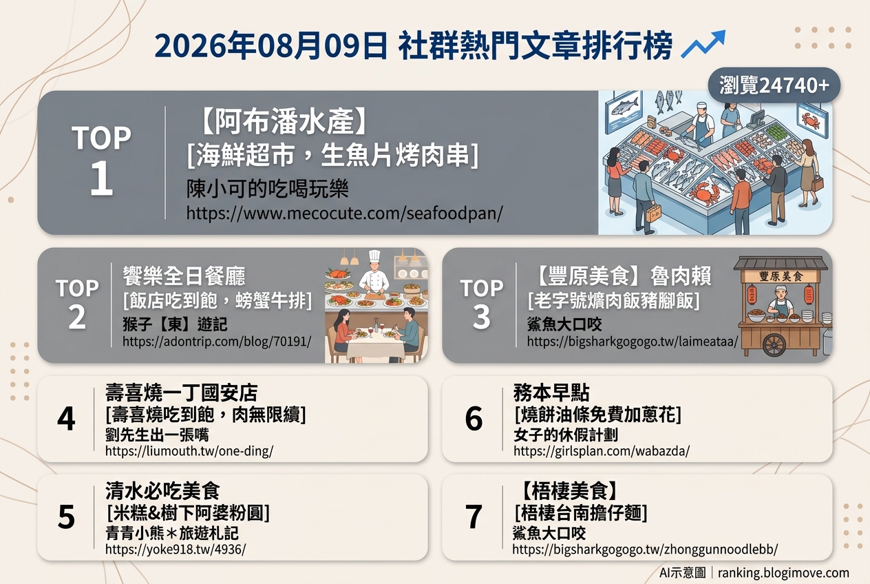 2026年08月09日| 台中美食 | 熱門社群文章導讀：海鮮超市、飯店吃到飽與在地古早味。 @Blogimove Ranking