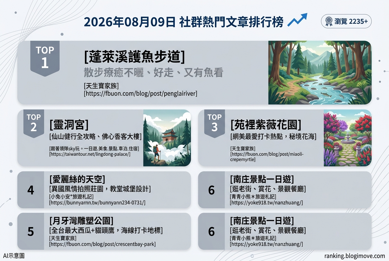 2026年08月09日 | 苗栗景點 | 熱門社群文章導讀：苗栗山林秘境、療癒步道與網美花園。 @Blogimove Ranking