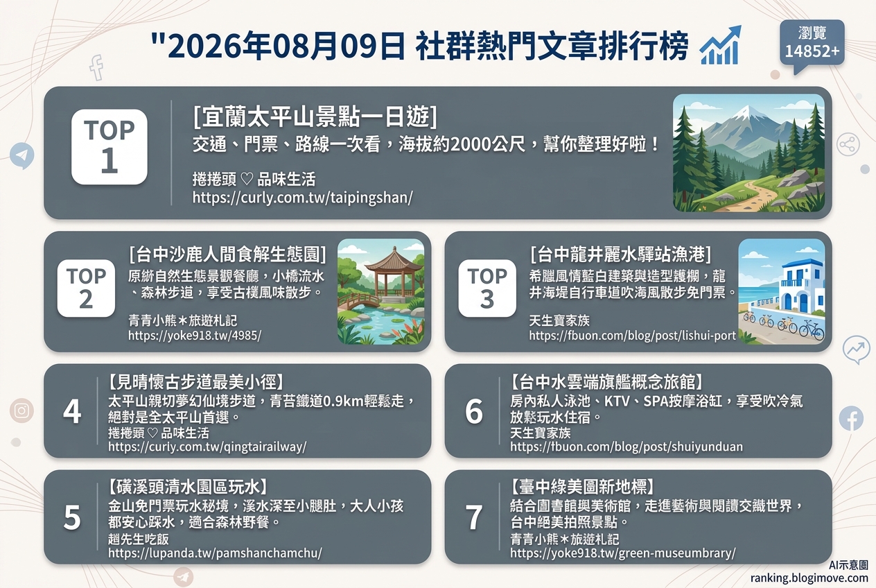 2026年08月09日 | 國內旅遊 | 熱門社群文章導讀：太平山步道、台中景觀餐廳與親子住宿 @Blogimove Ranking