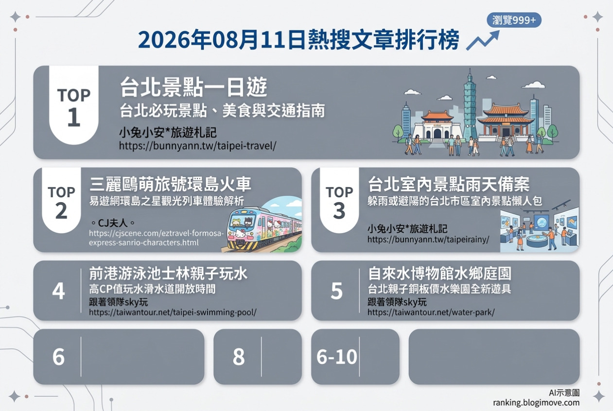2026年08月11日| 國內旅遊 | 熱搜文章導讀：台北景點、環島列車與親子玩水樂園 @Blogimove Ranking