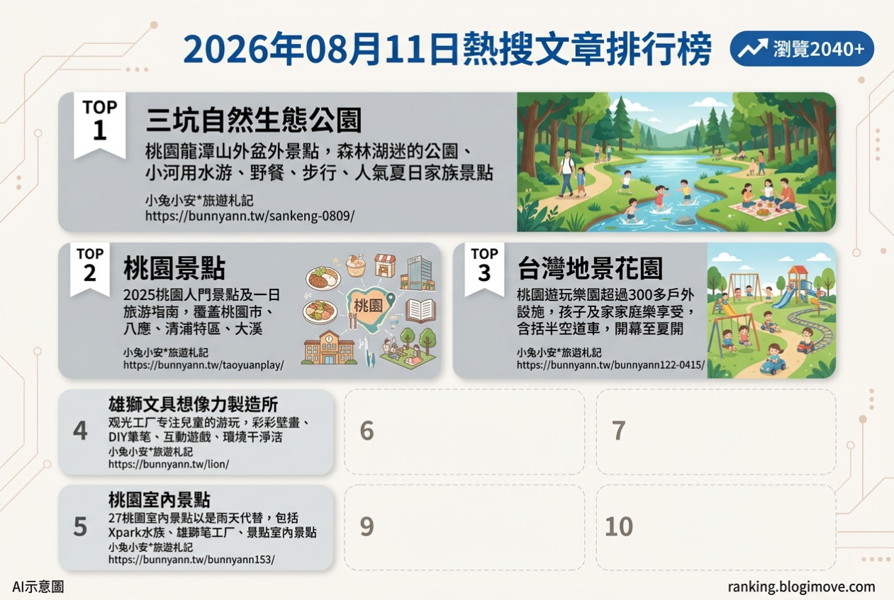 2026年08月11日 | 國內旅遊 | 熱搜文章導讀：桃園親子景點、雨天備案與溪畔玩水樂園。 @Blogimove Ranking