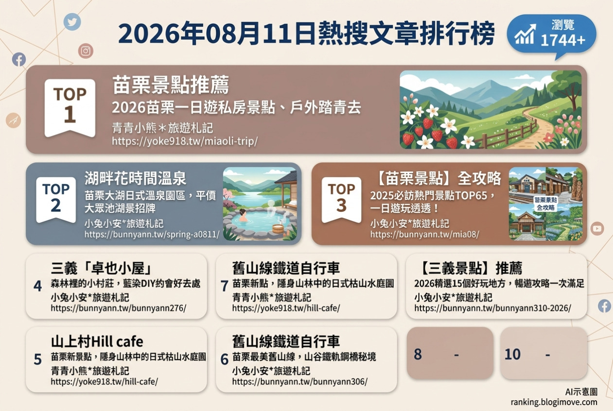 2026年08月11日| 苗栗景點 | 熱門搜尋文章導讀：苗栗一日遊攻略、秘境景點與特色住宿推薦 @Blogimove Ranking