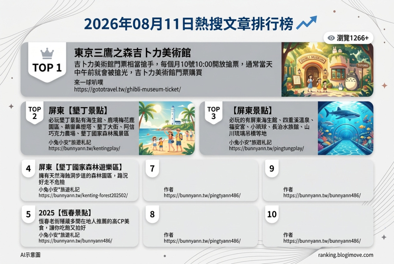 2026年08月11日| 國內旅遊 | 熱搜文章導讀：屏東多樣景點、東京宮崎駿美術館搶票攻略 @Blogimove Ranking