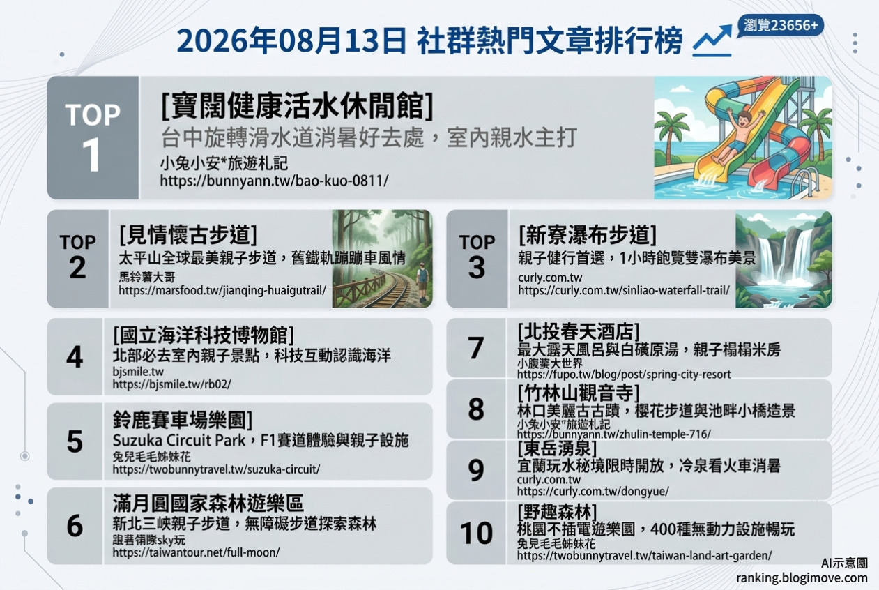 2026年08月13日| 親子旅行 | 熱門社群文章導讀：台中水上樂園、宜蘭玩水秘境與日本賽車主題樂園。 @Blogimove Ranking