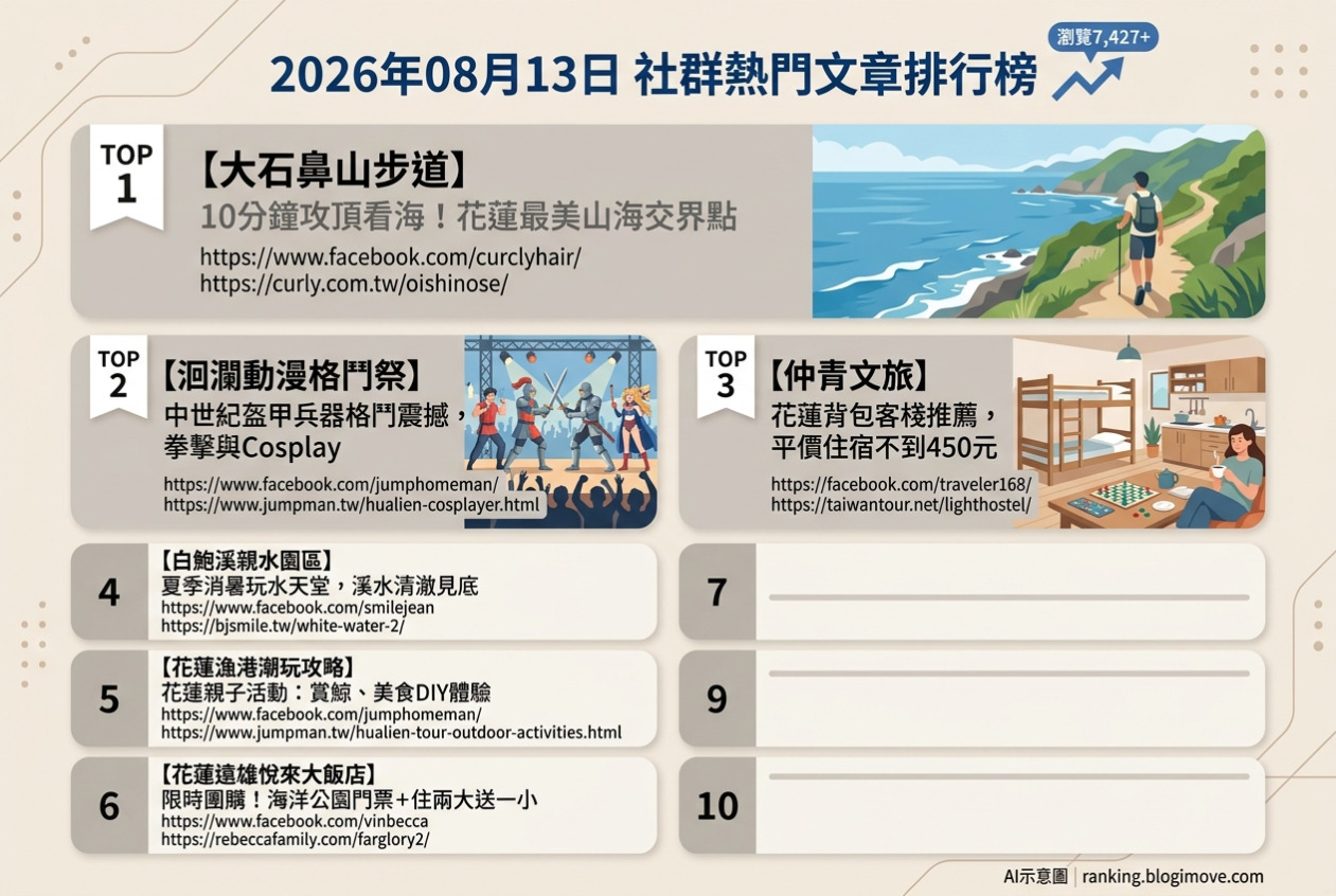 2026年08月13日| 花蓮景點 | 熱門社群文章導讀：山海美景步道、熱血格鬥祭與親子海港體驗 @Blogimove Ranking