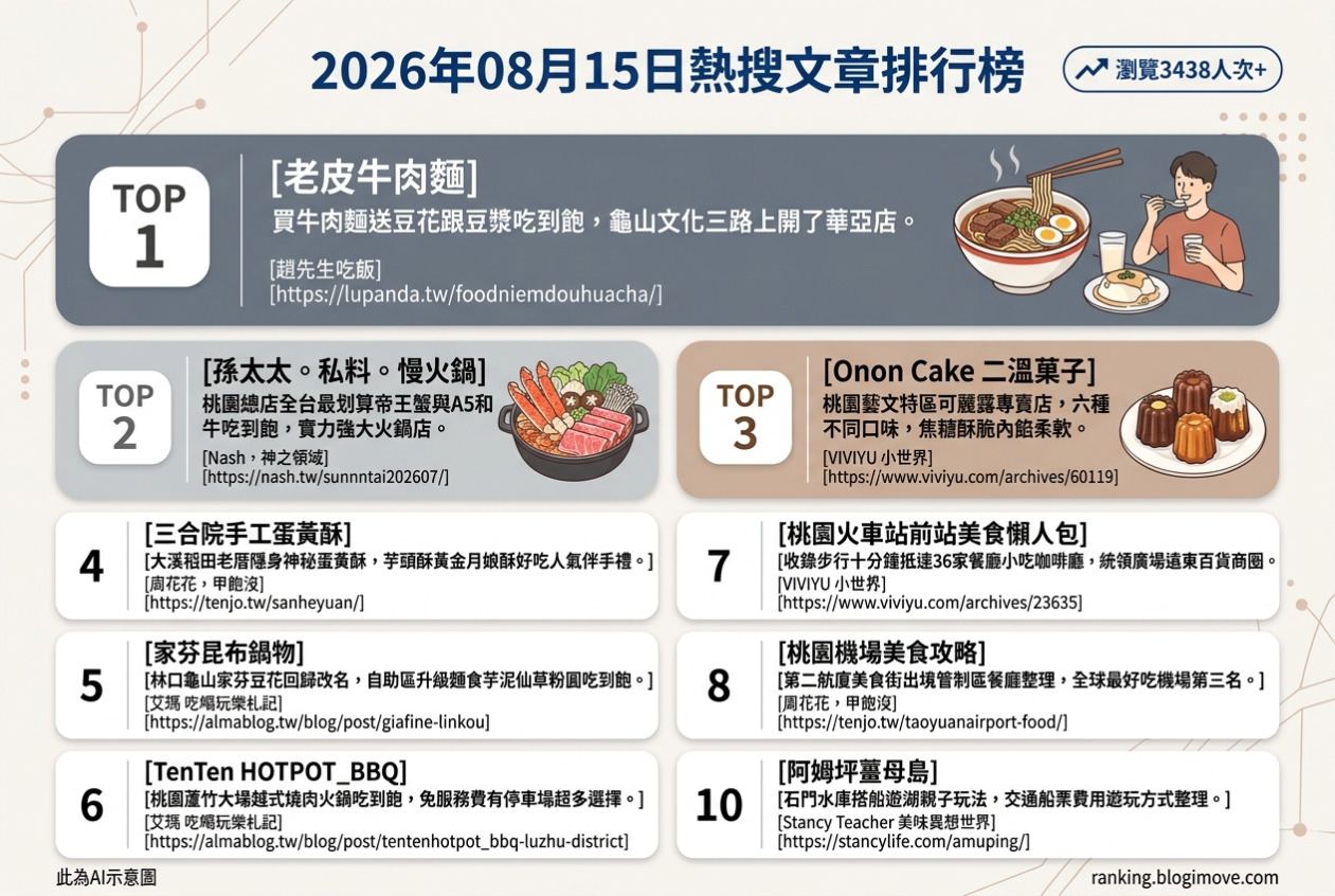 2026年08月15日| 桃園美食 | 熱搜文章導讀：牛肉麵吃到飽、頂級火鍋與特色甜點搶佔人氣榜 @Blogimove Ranking