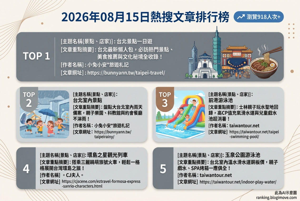 2026年08月15日| 國內旅遊 | 熱搜文章導讀：台北景點、親子戲水與環島列車搶先看 @Blogimove Ranking