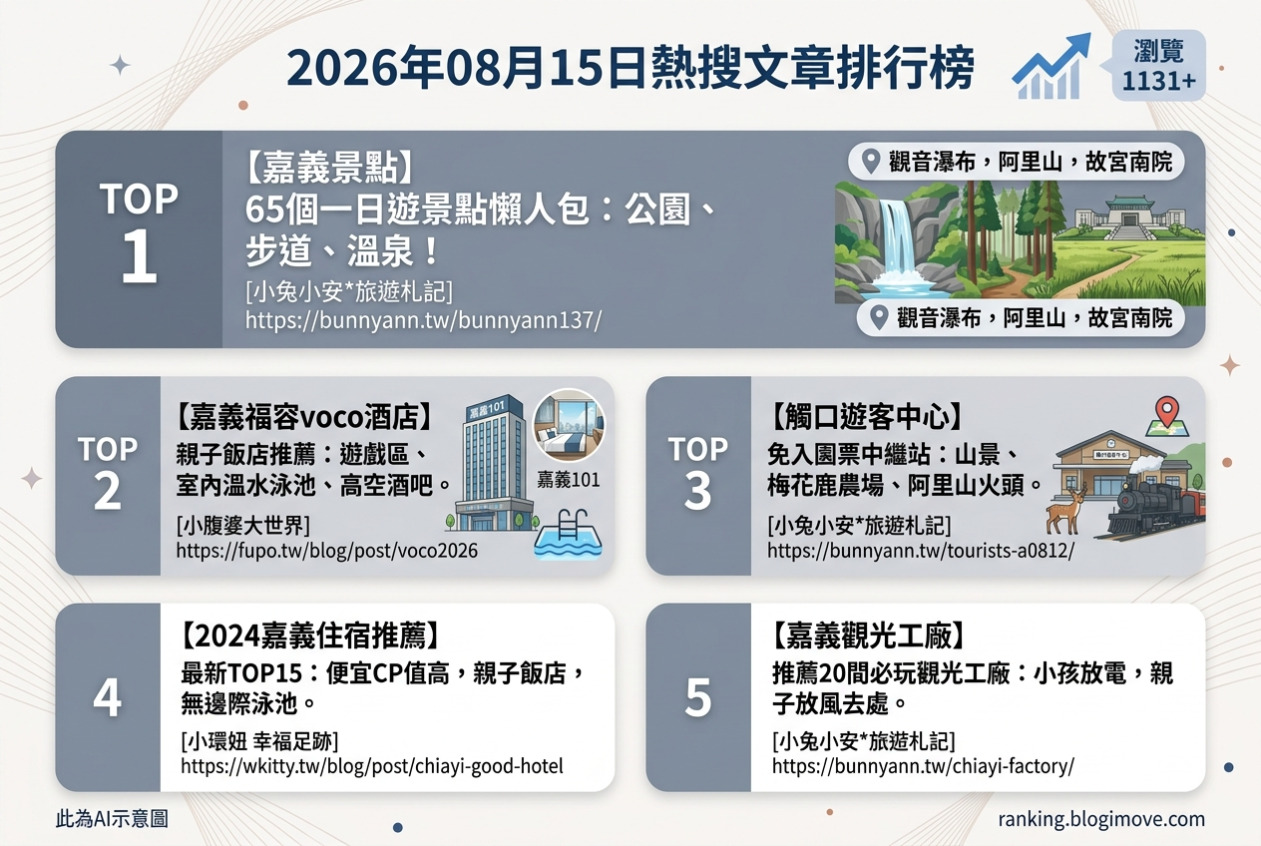 2026年08月15日| 國內旅遊 | 熱搜文章導讀：嘉義景點、親子住宿與觀光工廠懶人包 @Blogimove Ranking