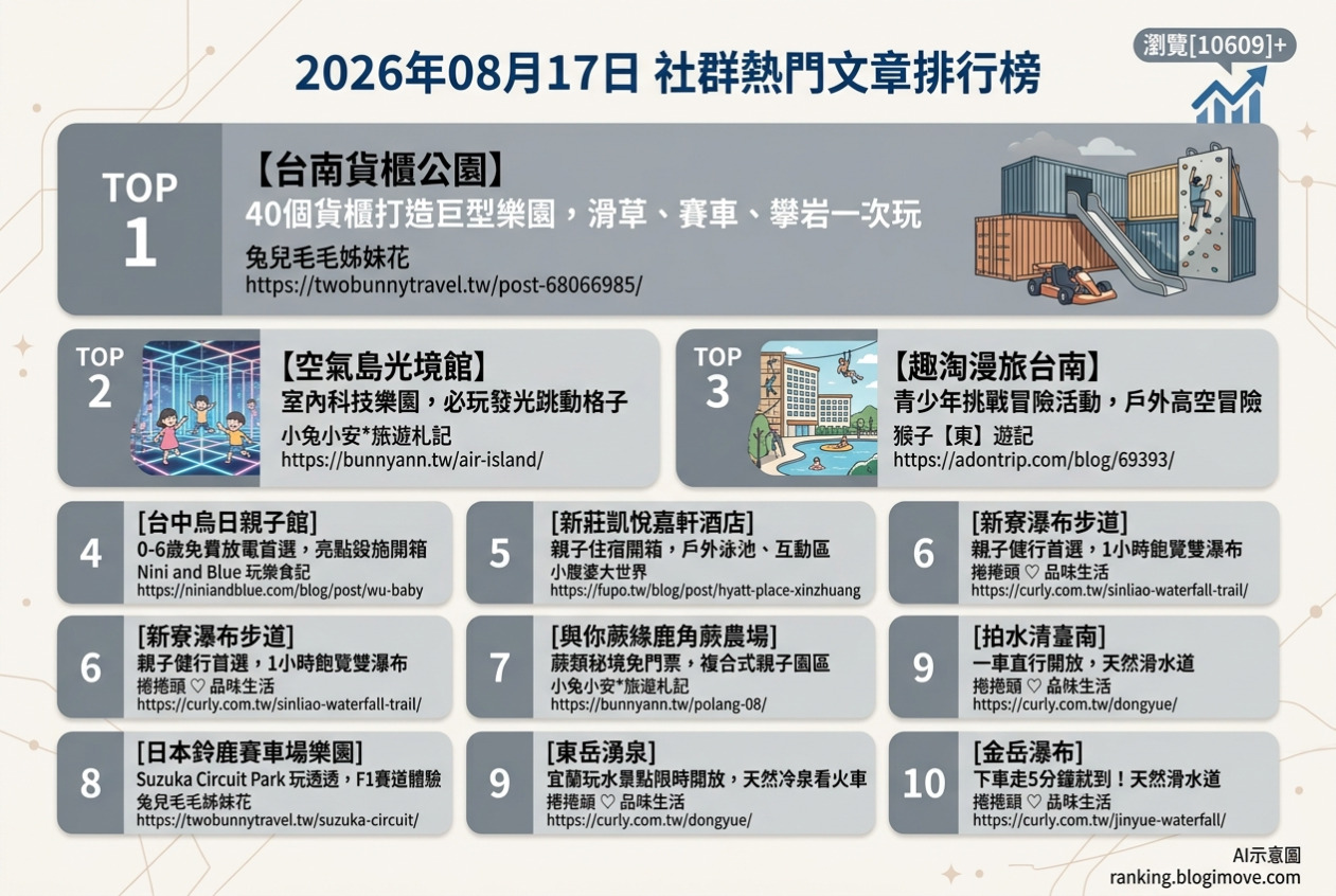 2026年08月17日 | 親子旅行 | 熱門社群文章導讀：台南親子樂園、宜蘭室內放電與日本賽車場攻略 @Blogimove Ranking