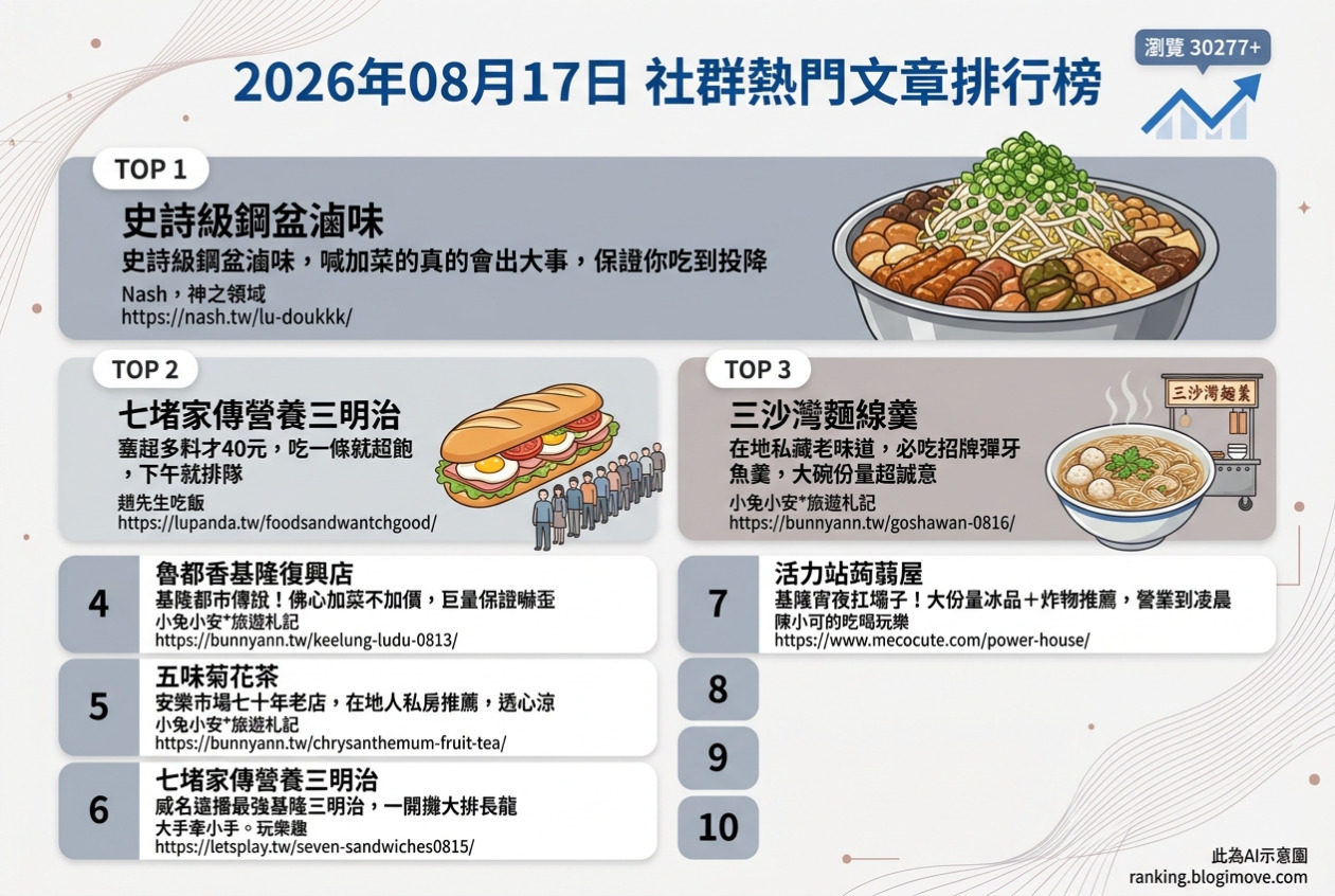 2026年08月17日 | 基隆美食 | 熱門社群文章導讀：史詩級滷味、超飽營養三明治與古早味飲品成焦點 @Blogimove Ranking