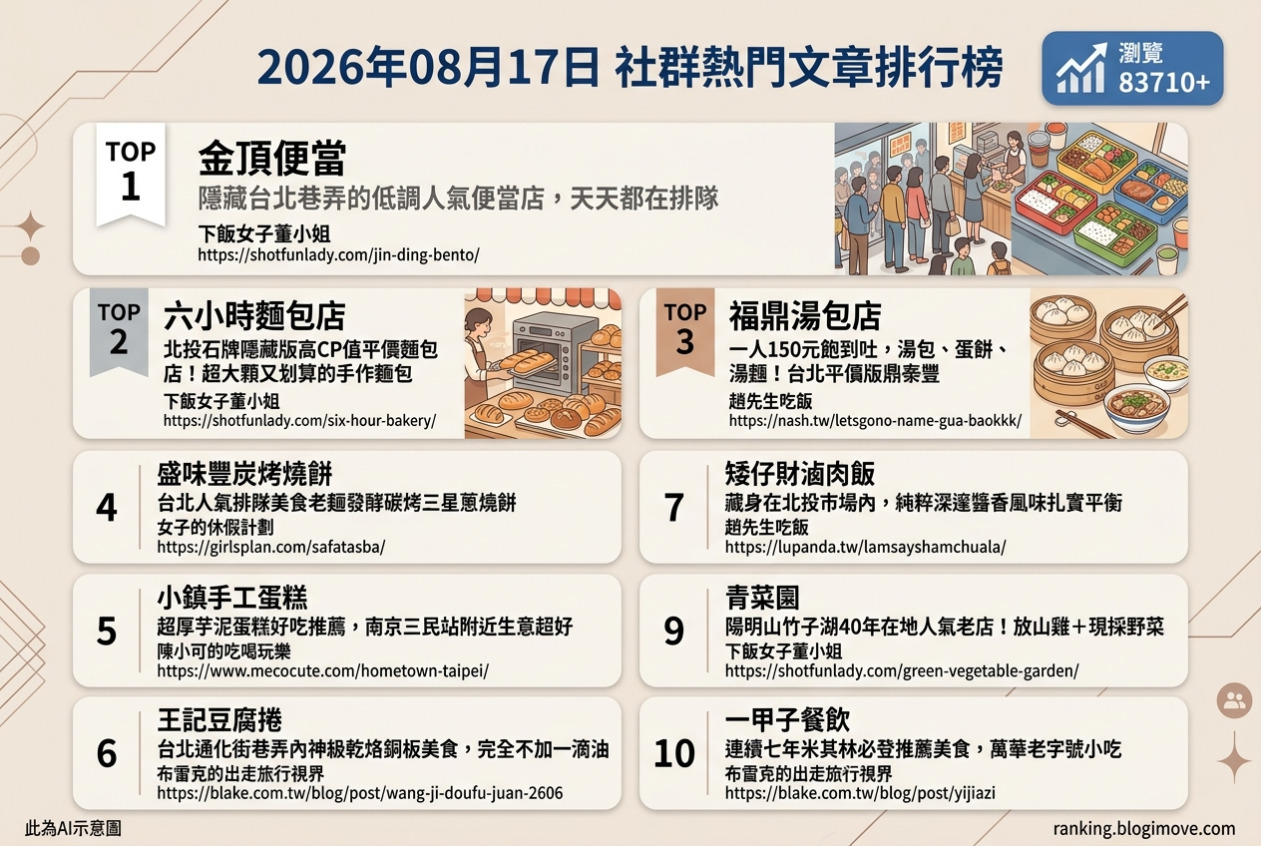 2026年08月17日| 台北美食 | 熱門社群文章導讀：人氣便當、排隊燒餅與米其林推薦小吃 @Blogimove Ranking