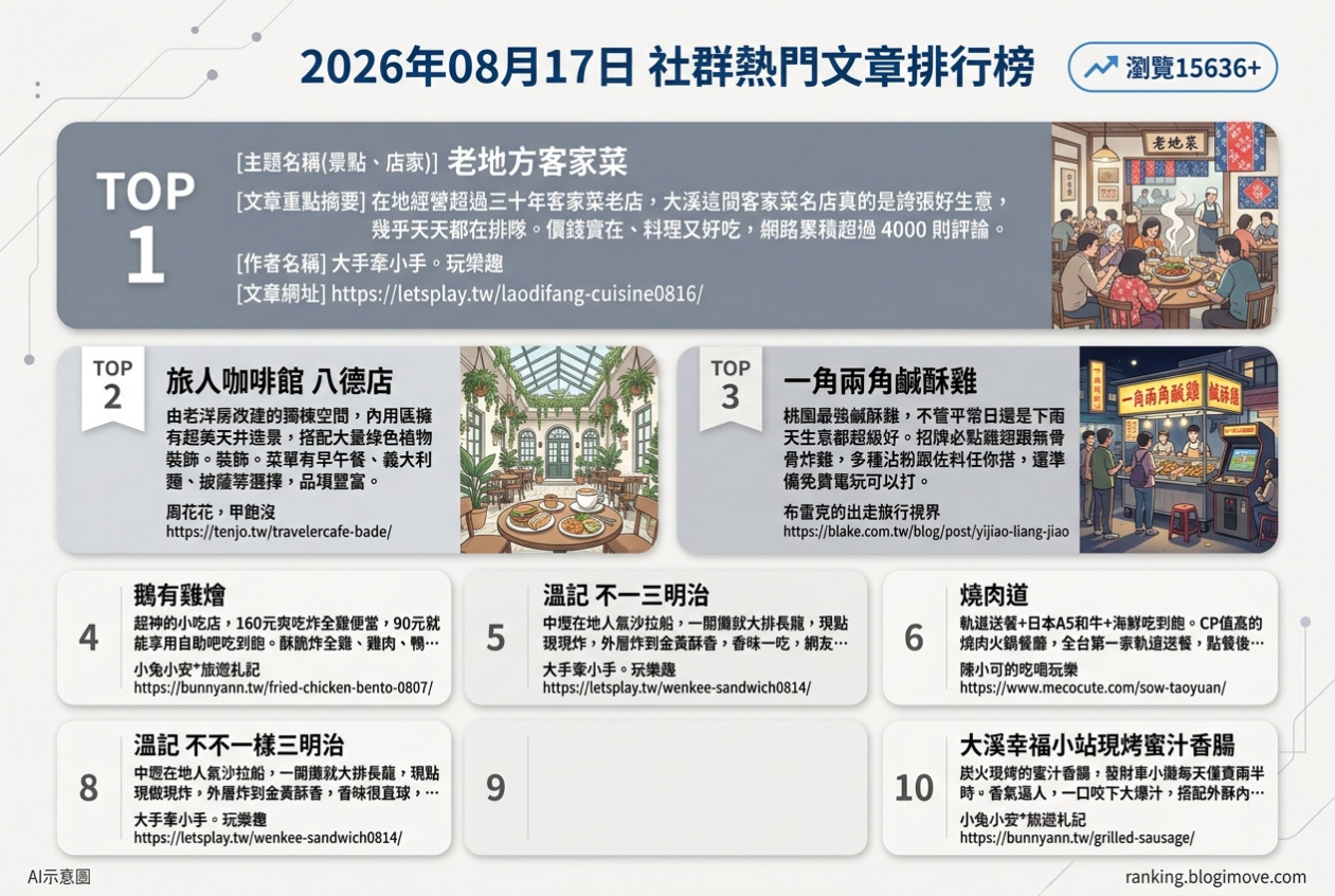 2026年08月17日| 桃園美食 | 熱門社群文章導讀：人氣客家菜、創意燒烤與懷舊小吃引領美食風潮 @Blogimove Ranking