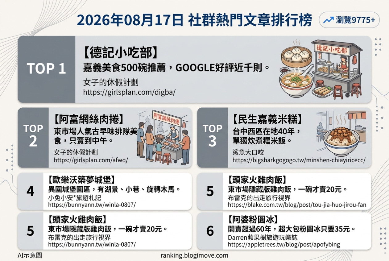 2026年08月17日| 嘉義美食 | 熱門社群文章導讀：嘉義在地人氣美食、歐風城堡景點與古早味甜品。 @Blogimove Ranking