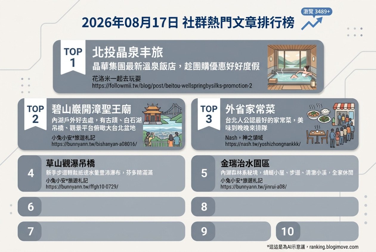2026年08月17日| 國內旅遊 | 熱門社群文章導讀：北投溫泉住宿、內湖秘境與人氣家常菜。 @Blogimove Ranking