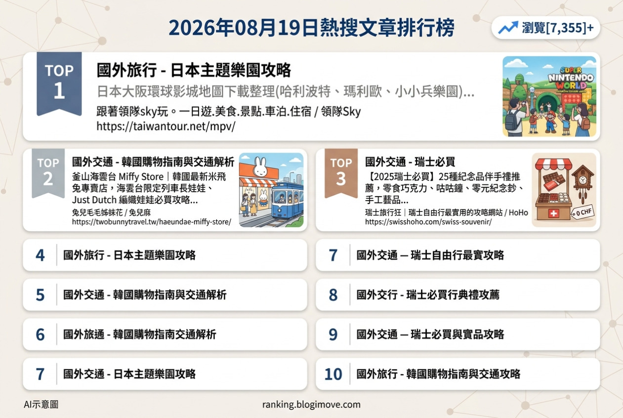 2026年08月19日| 國外旅行 | 熱搜文章導讀：日本主題樂園攻略、韓國購物指南與交通解析 @Blogimove Ranking