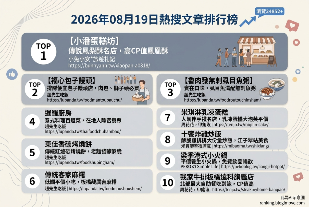 2026年08月19日 | 美食 | 熱搜文章導讀：板橋銅板美食、新莊療癒家常菜與萬里伴手禮。 @Blogimove Ranking