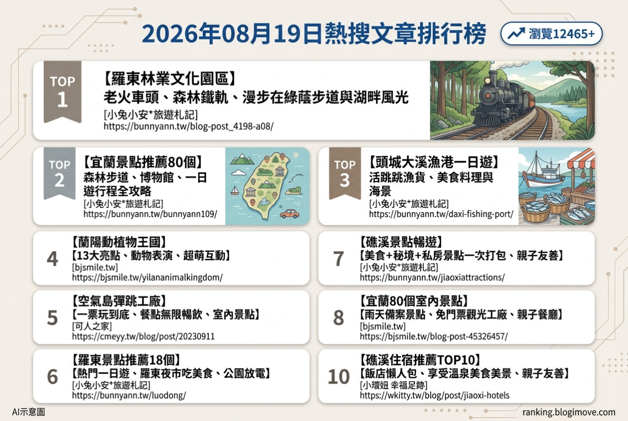 2026年08月19日 | 宜蘭景點 | 熱搜文章導讀：羅東林業文化園區、蘭陽動植物王國與多樣化宜蘭親子景點熱度攀升 @Blogimove Ranking