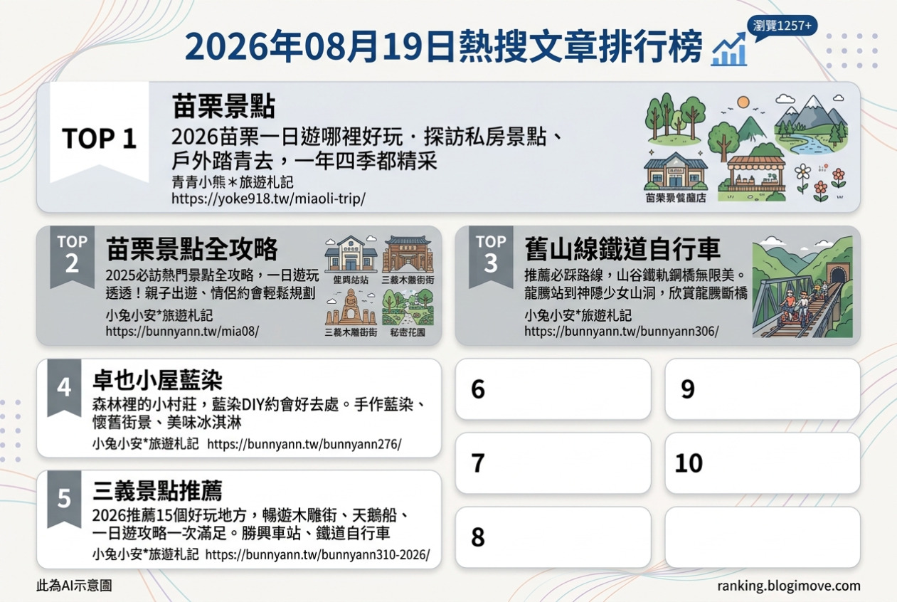 2026年08月19日 | 苗栗景點 | 熱搜文章導讀：苗栗一日遊景點、舊山線鐵道自行車與藍染手作體驗 @Blogimove Ranking