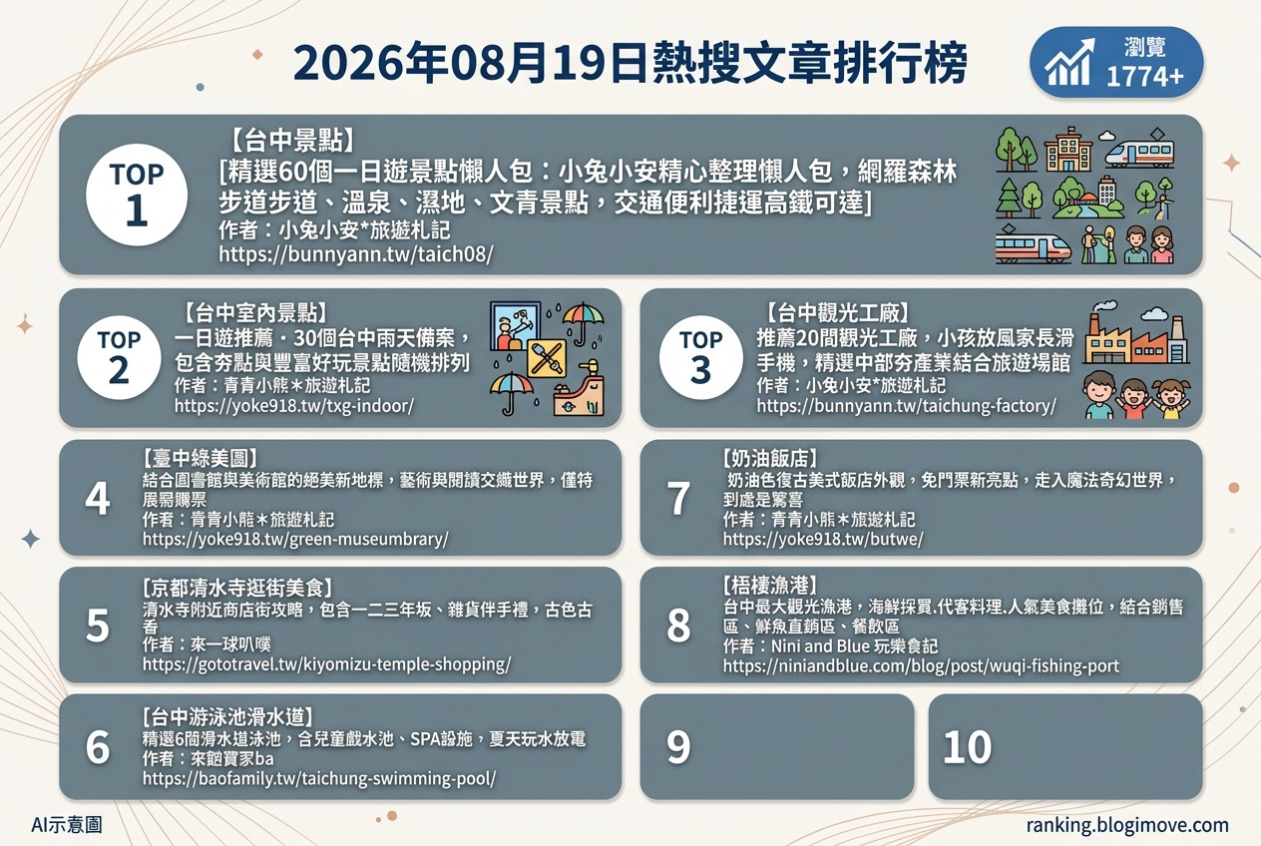 2026年08月19日 | 國內旅遊 | 熱搜文章導讀：台中景點全覽、雨天備案與親子玩樂熱點 @Blogimove Ranking