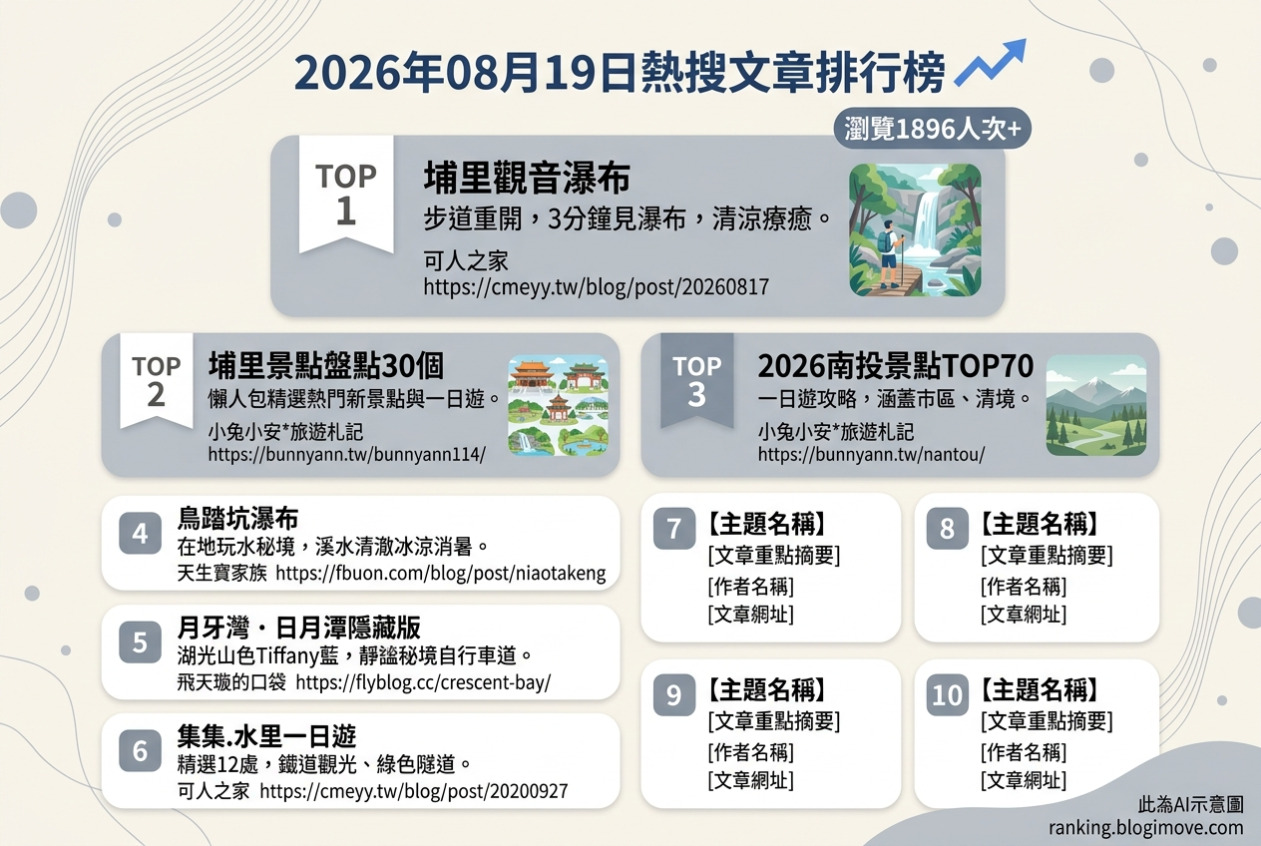 2026年08月19日| 台灣國內旅遊 | 熱搜文章導讀：南投瀑布、秘境景點與一日遊攻略 @Blogimove Ranking