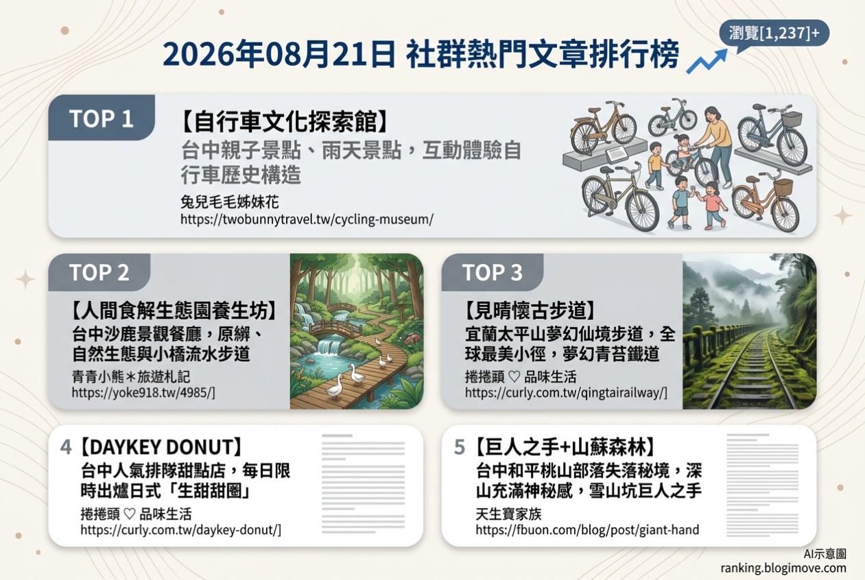 2026年08月21日 | 國內旅遊 | 熱門社群文章導讀：台中自行車文化探索館、宜蘭太平山見晴懷古步道與台中在地美食 @Blogimove Ranking