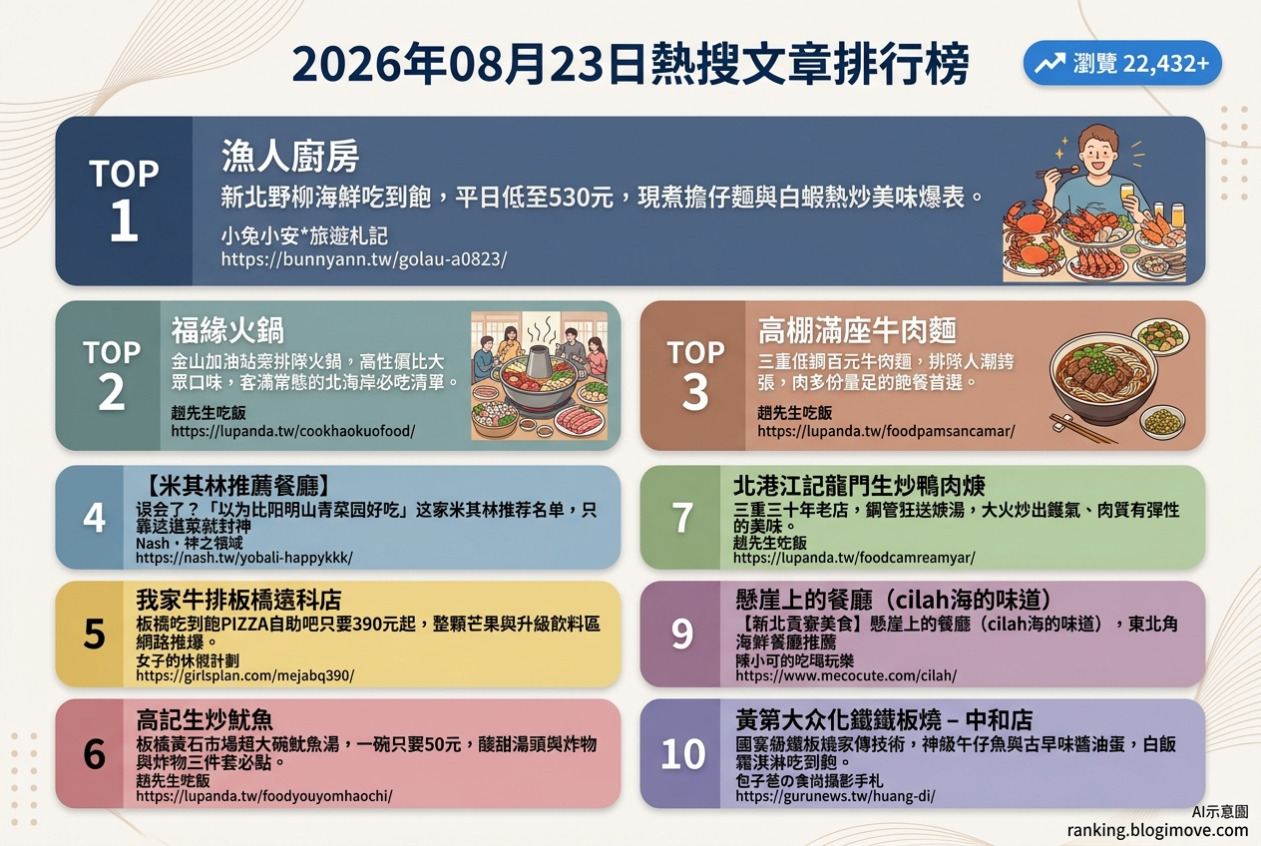 2026年08月23日| 美食 | 熱搜文章導讀：海鮮吃到飽、百元牛肉麵與銅板小吃引領美食風潮 @Blogimove Ranking