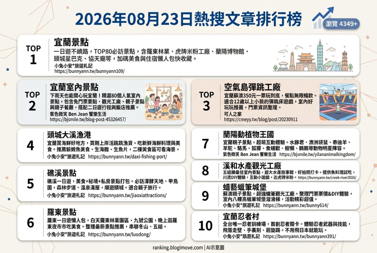 2026年08月23日 | 宜蘭景點 | 熱搜文章導讀：宜蘭親子景點、室內樂園與海鮮美食成焦點 @Blogimove Ranking