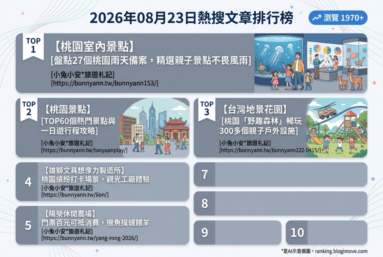 2026年08月23日| 國內旅遊 | 熱搜文章導讀：桃園室內景點、親子樂園與一日遊行程全攻略 @Blogimove Ranking