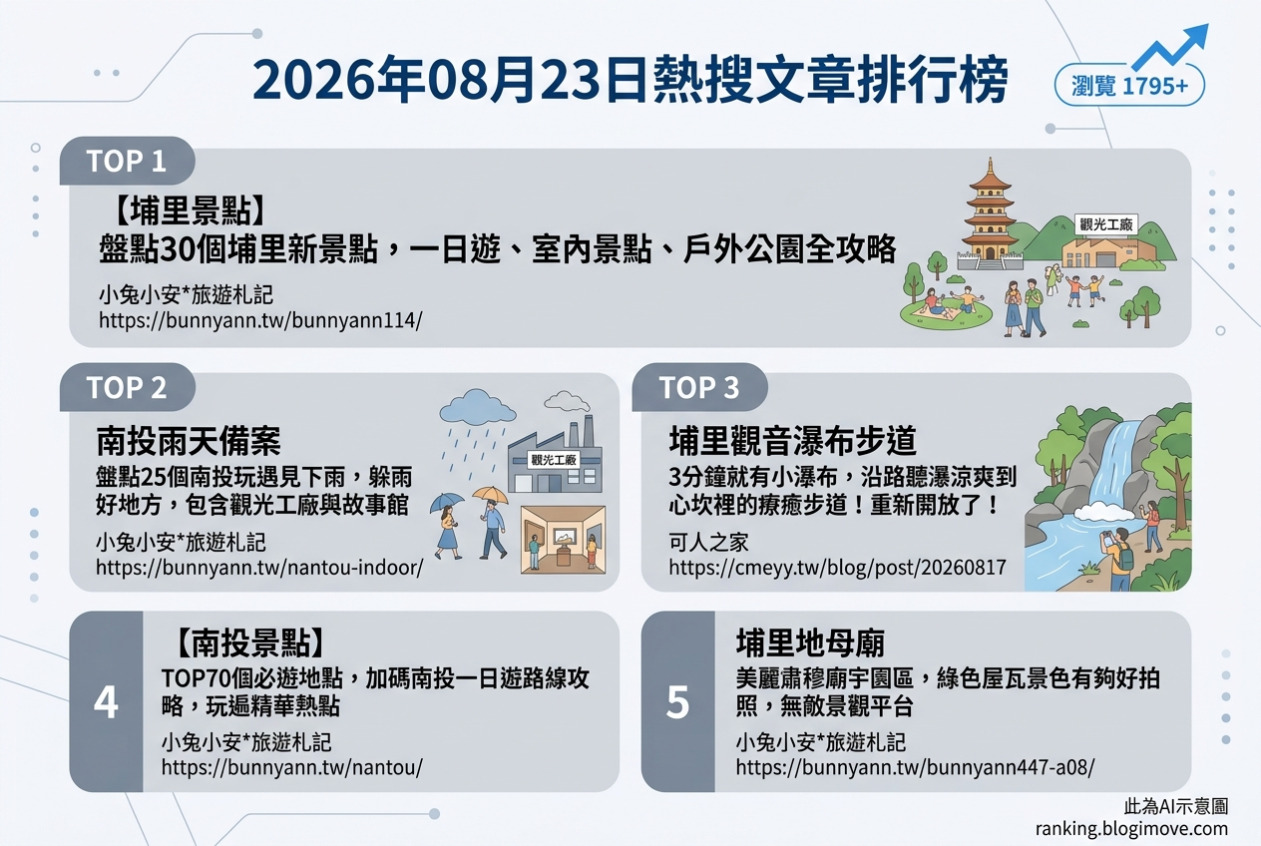 2026年08月17日| 國內旅遊 | 熱門社群文章導讀：日月潭雲品、南投秘境與親子住宿。 @Blogimove Ranking
