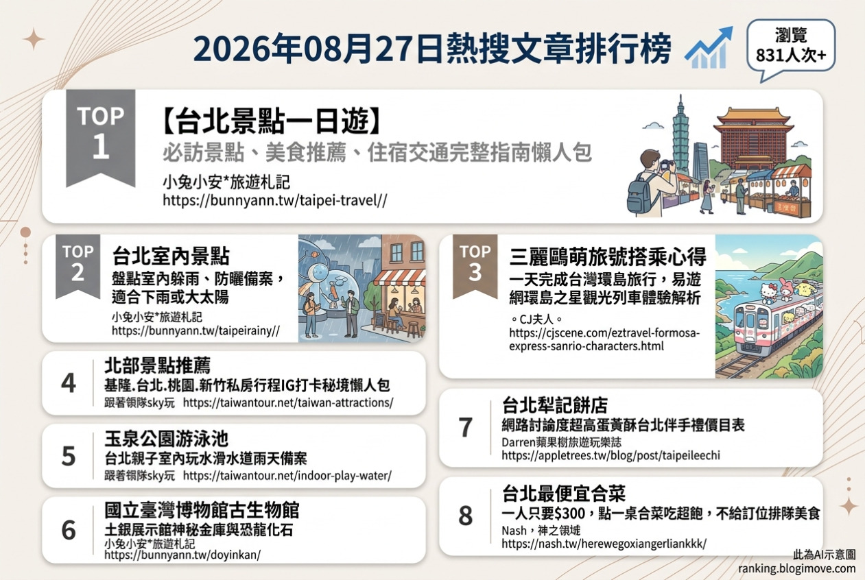 2026年08月27日| 國內旅遊 | 熱搜文章導讀：台北景點、雨天備案與環島列車最受矚目 @Blogimove Ranking