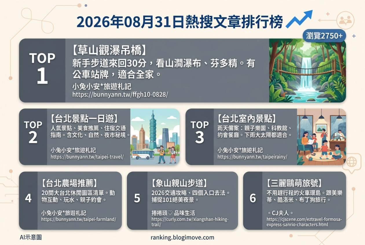 2026年08月31日| 國內旅遊 | 熱搜文章導讀：台北雨林瀑布、一日遊攻略與療癒火車之旅 @Blogimove Ranking