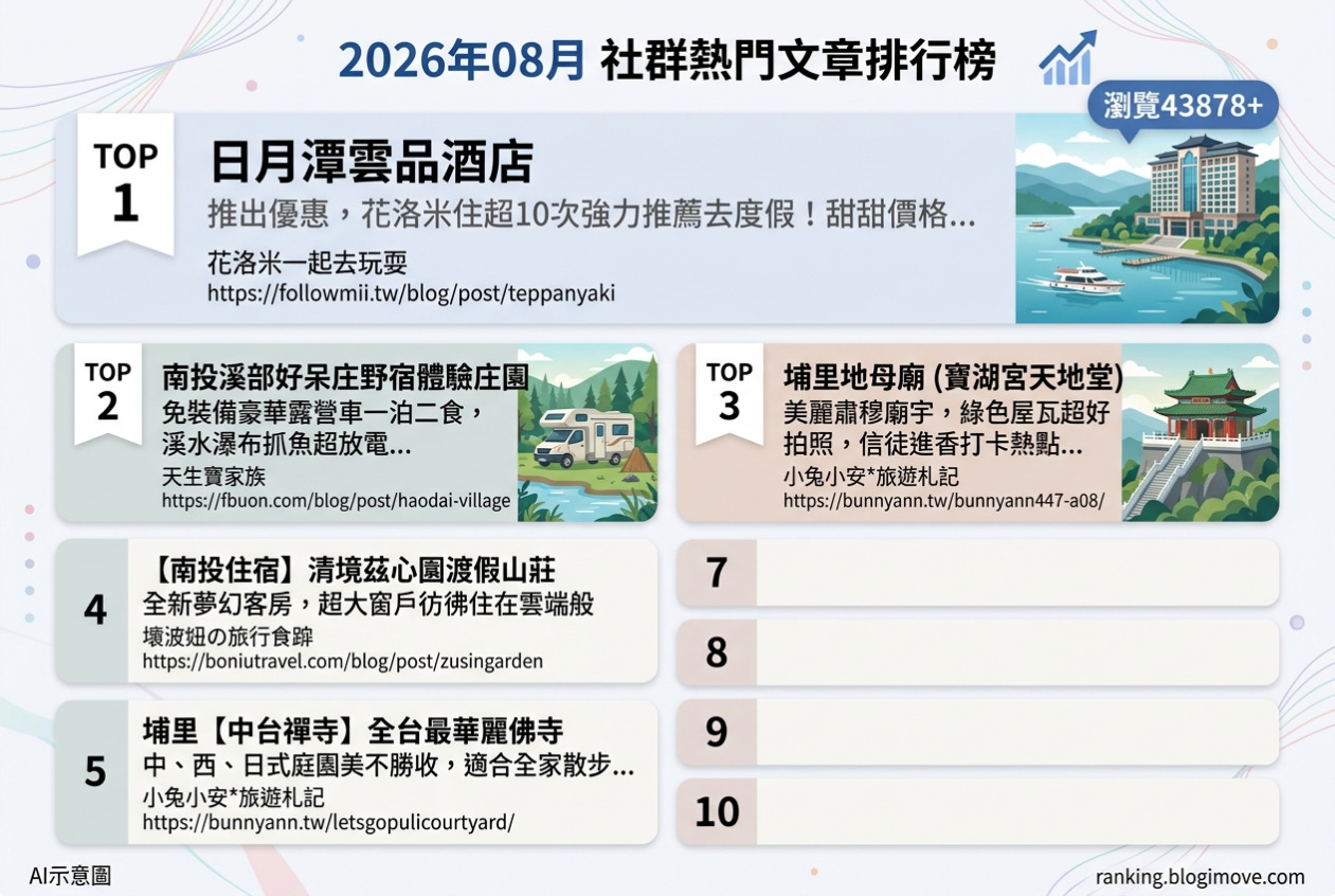 2026年08月 | 國內旅遊 | 熱門社群文章導讀：日月潭雲品酒店、南投親子露營與清境雲端住宿。 @Blogimove Ranking